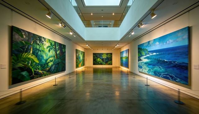 Skylight gallery showcasing giant tropical and seascape canvases in modern mezzanine