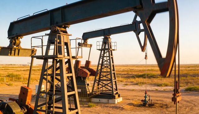 Oil pumpjacks operating at sunset on semi-arid production pad with lattice steel towers