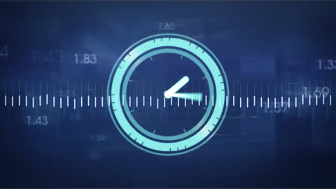 Neon Clock Animation with Data Overlay in Blue