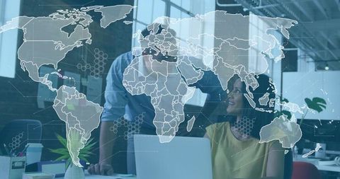 Global Collaboration in Open-Plan Office with Digital Map Overlay and Teamwork
