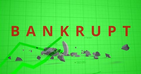Displaying bold red bankrupt across neon green grid with shattered low-poly fragments
