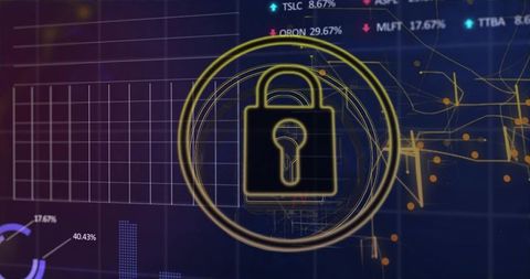 Glowing Gold Padlock Securing Digital Dashboard with Analytics Bars and Circuit Nodes