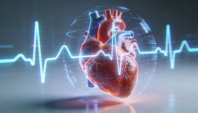 Pulsating 3d human heart rotating inside holographic sphere with neon ecg wave overlay
