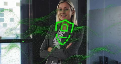 Confident Businesswoman with Digital Shield in Modern Office
