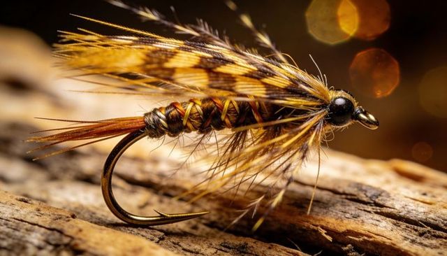 Bead-head artificial fly lure closeup on wood macro showing feathers, hackle, braided body