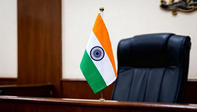 Tabletop indian tricolor flag standing on court bench with leather chair and brass pole