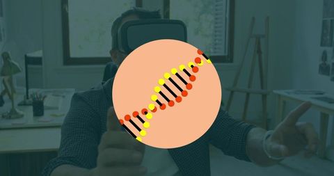 Dna structure overlaying man in vr headset at office