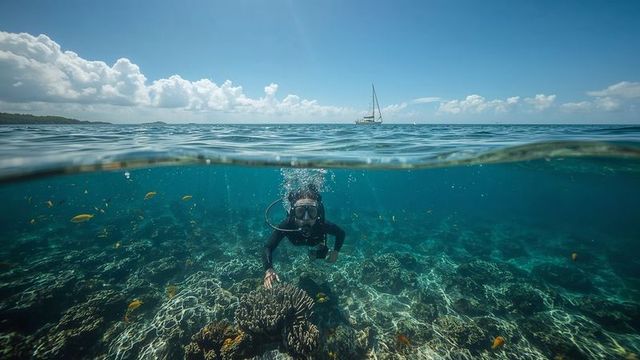 Scuba Diver Exploring Coral Reef with Crystal Clear Water and Sailboat