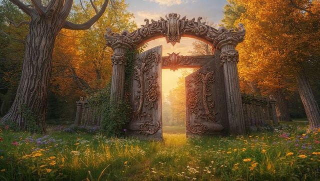 Enchanted ornate gate in autumn forest glade at sunrise