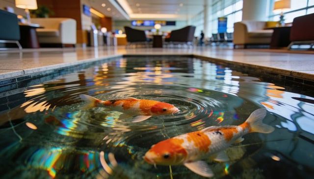 Koi swimming in airport lounge pond with iridescent reflections and modern lobby ambiance