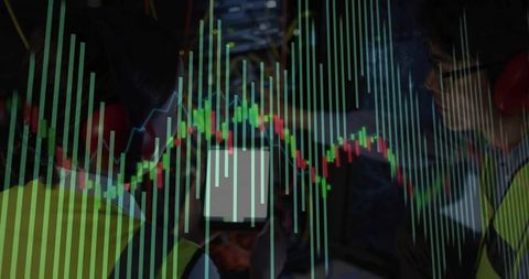 Industrial technicians monitoring control systems with tech overlay