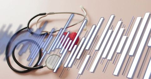 Heartbeat waveform overlaying stethoscope and red heart on pastel beige for healthcare