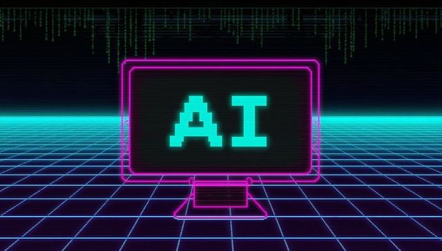 Neon wireframe monitor glowing on cyber grid displaying pixelated ai text