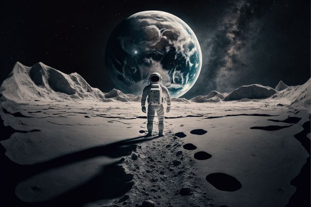 Astronaut standing on the moon's surface, looking at Earth, with stars and galaxies in the background. Excellent for illustrating concepts related to space exploration, the vastness of the universe, scientific achievements, and the isolation experienced in outer space. Ideal for educational materials, science fiction themes, space missions, and astronomy articles.