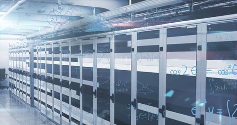 Futuristic Server Room with Digital Overlays and Data Connectivity