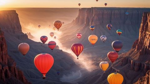 Hot air balloons soaring above canyon at sunrise