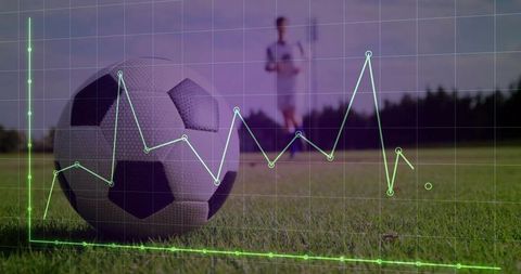 Soccer Ball on Field with Data Analytics Overlay Indicating Metrics