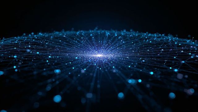 Radiant neural network hub radiating blue data nodes across digital mesh grid