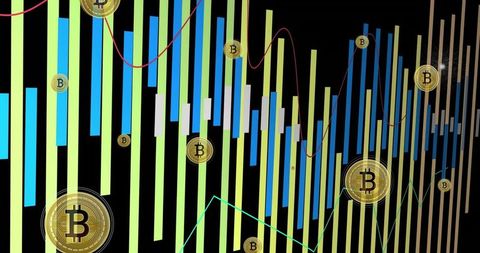 Bitcoin Market Analysis Graphic Featuring Gold Coins, Candlestick Bars and Trend Lines