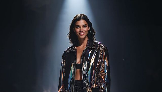 Smiling runway model under spotlight wearing holographic metallic jacket, futuristic chic