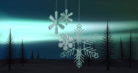 Hanging Snowflakes Over Fir Trees Under Northern Lights
