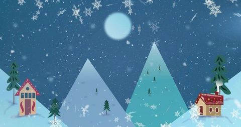 Moonlit winter scene with graphic triangle mountains, snowflakes, red-roof cottages
