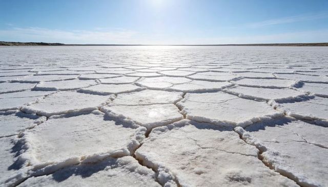 Forming hexagonal salt crust on remote salt flat under bright sun and clear blue sky