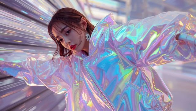 Futuristic Woman in Iridescent Jacket Sitting in Digital LED Tunnel