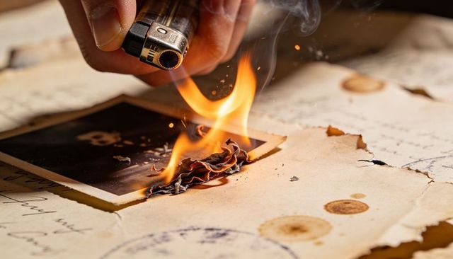 Burning vintage photograph on stained letters, hand holding lighter and charred edges