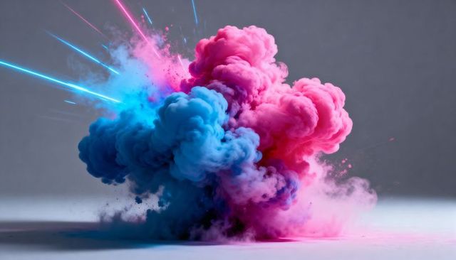 Exploding cyan magenta powder cloud billowing, emitting neon streaks, vibrant abstract burst
