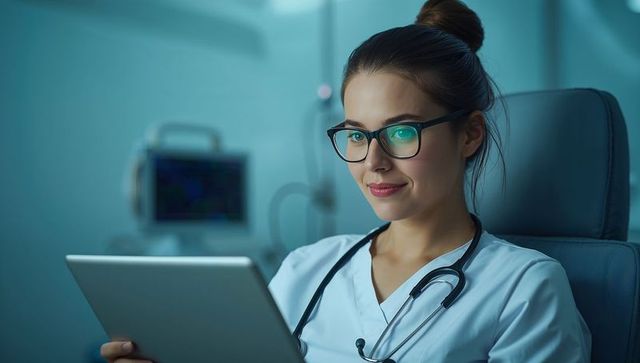 Female doctor reviewing patient data on tablet, wearing glasses and stethoscope