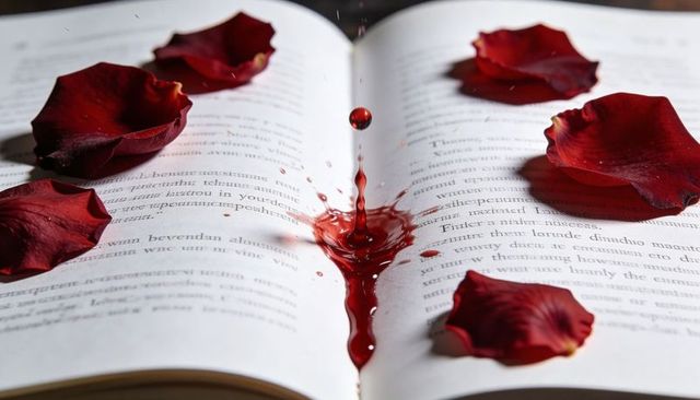Red drop splashing onto open book with velvet rose petals, romantic literary concept