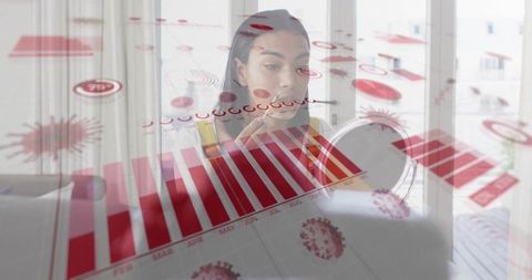 Woman Engaging in Skincare Routine with Digital Data Visualization