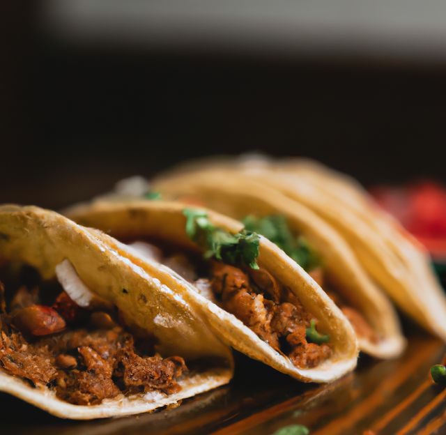 This close-up displays a plate of freshly prepared beef tacos garnished with fresh cilantro. Perfect for illustrating graphics and articles about Mexican cuisine, food blogging, cooking enthusiasts, or promotional material for restaurants and street food vendors.