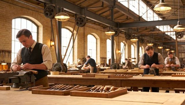 Period workshop craftsmen hand-carving wood at industrial workbenches under warm light