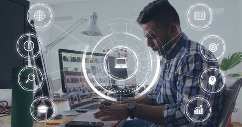 Businessman Analyzing Digital Network Interface in Office - Download Free Stock Images Pikwizard.com