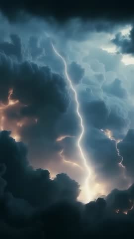 Vertical storm video capturing lightning slashing through towering cumulonimbus clouds