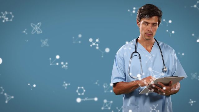 Healthcare professional attentively reviewing data on a clipboard, surrounded by animated molecular structures. Ideal for illustrating concepts in medical science, healthcare technology, or for use in educational and training materials regarding innovative medical research.