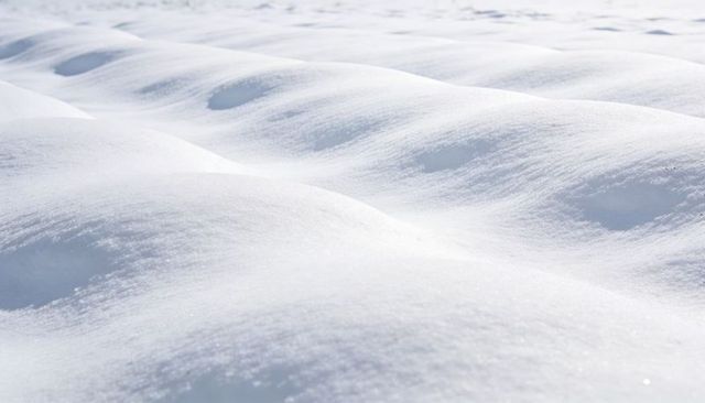 Soft snow drifts forming rounded mounds with sparkling frost texture and winter shadows