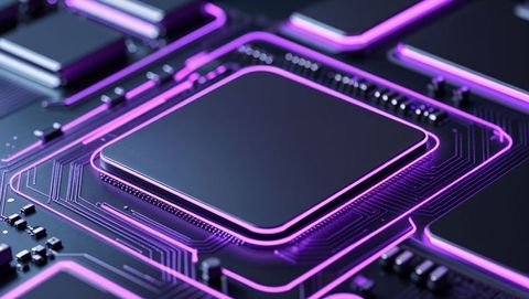 Futuristic electronics circuit board with glowing cpu chip