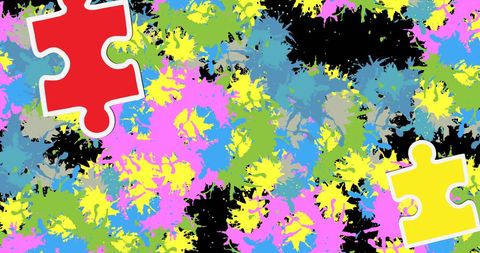 Bright Abstract Puzzle Pieces Over Colorful Splatter Background