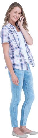 Transparent Hipster Woman Standing Talking on Smartphone Smiling