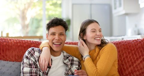 Happy Diverse Couple Enjoying Video Call at Home - Download Free Stock Images Pikwizard.com