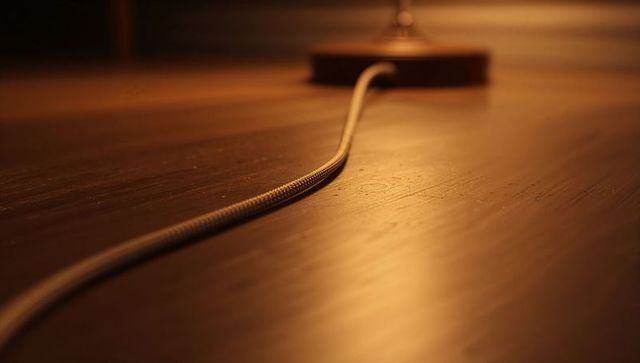 Braided fabric lamp cord leading across warm wooden desk surface with golden bokeh