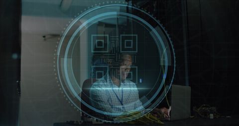 Engineer in data room with holographic cyber security elements