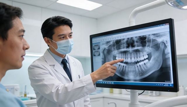 Male dentist pointing at panoramic dental x-ray on monitor while consulting patient in modern clinic