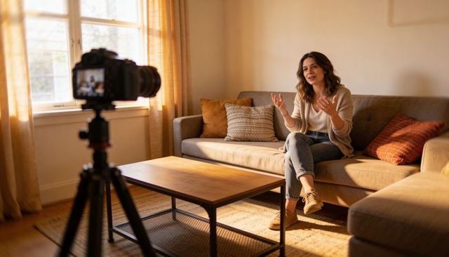 Recording lifestyle vlog woman presenting on sofa in cozy sunlit living room