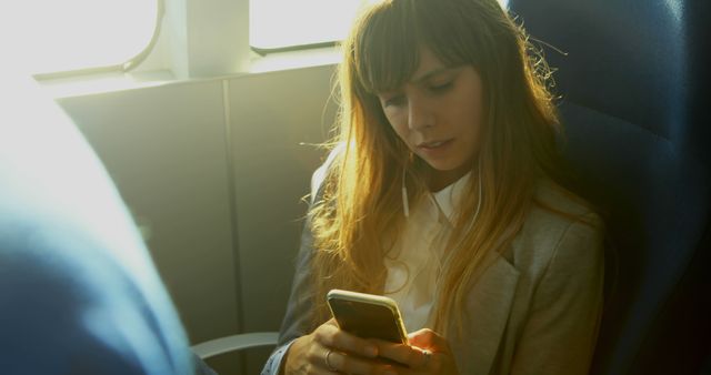 Young Businesswoman Commuting and Using Smartphone on Train - Download Free Stock Images Pikwizard.com