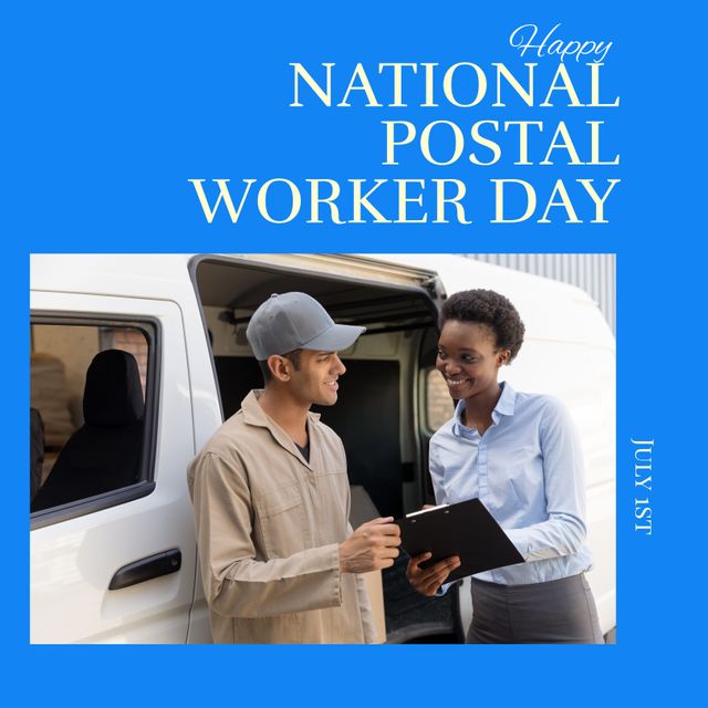 Image depicts a delivery man talking with a female client next to a delivery van. Ideal for celebrating National Postal Worker Day, appreciating delivery services, or promotions related to postal workers.