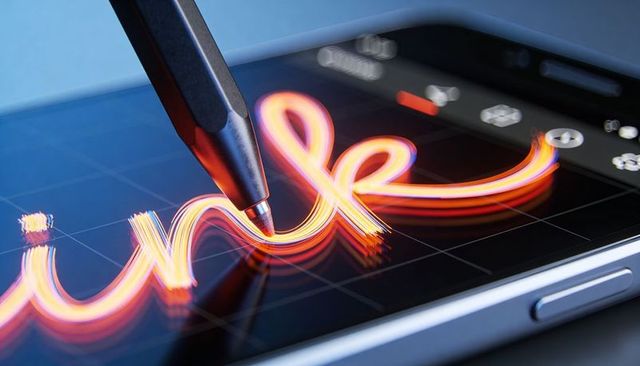 Stylus drawing neon light trail on smartphone touchscreen macro glow technology ui